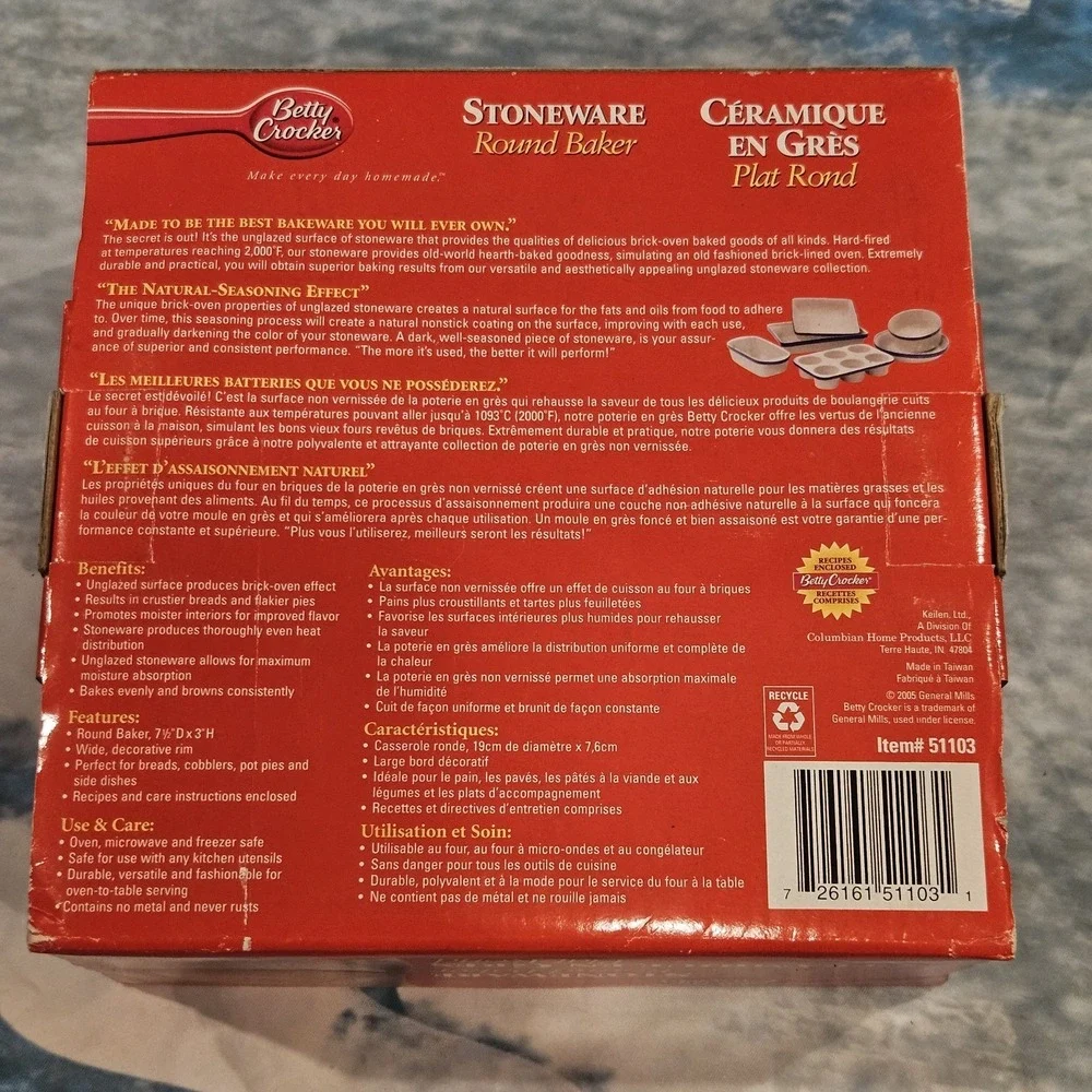 Vintage Betty‎ Crocker Stoneware Round Baker New In Box Ceramic Baking Dish